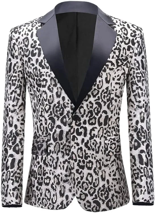 Men's Blazers Leopard Print Notched Lapel Suits Slim Fit Sequins Tuxedo Stylish Sport Coats Jackets