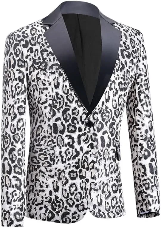 Men's Blazers Leopard Print Notched Lapel Suits Slim Fit Sequins Tuxedo Stylish Sport Coats Jackets