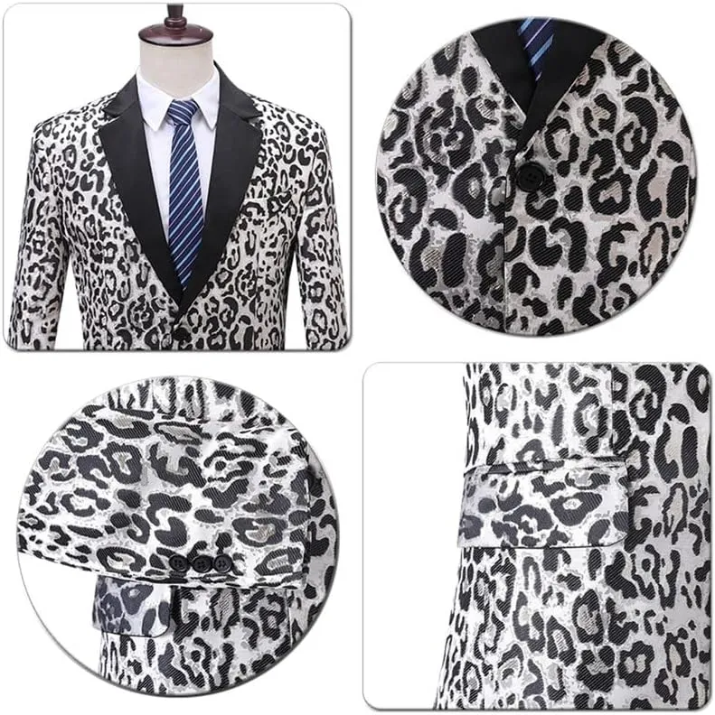 Men's Blazers Leopard Print Notched Lapel Suits Slim Fit Sequins Tuxedo Stylish Sport Coats Jackets