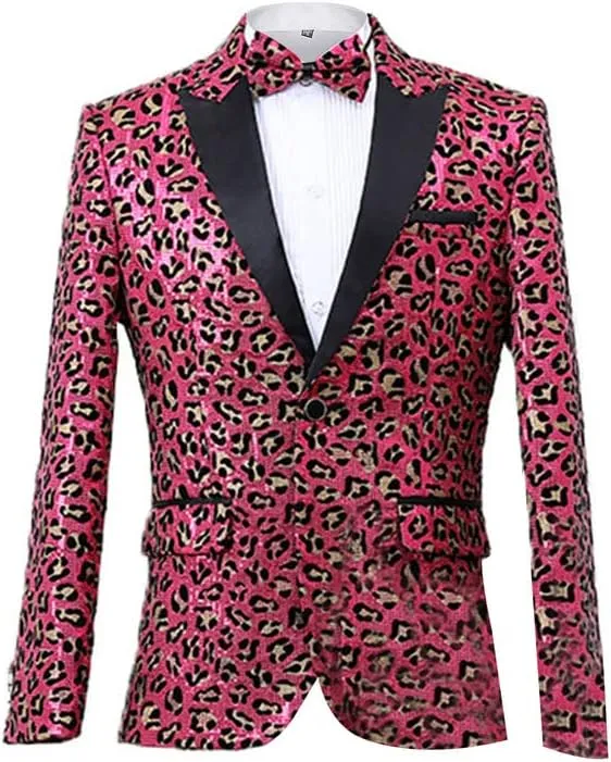 Men's Blazers Leopard Print Notched Lapel Suits Slim Fit Sequins Tuxedo Stylish Sport Coats Jackets