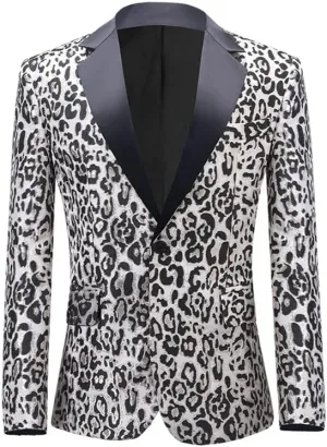 Men's Blazers Leopard Print Notched Lapel Suits Slim Fit Sequins Tuxedo Stylish Sport Coats Jackets