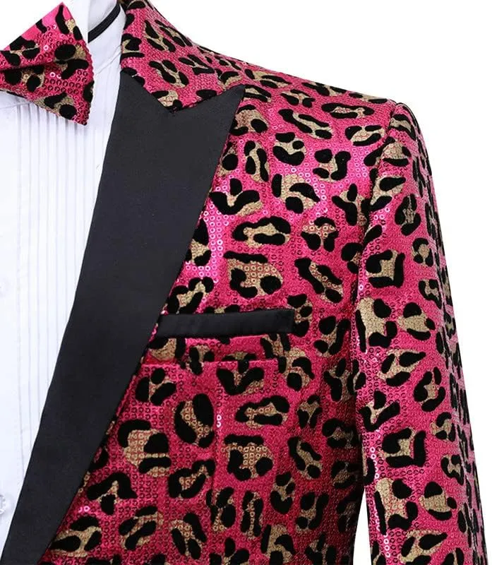 Men's Blazers Leopard Print Notched Lapel Suits Slim Fit Sequins Tuxedo Stylish Sport Coats Jackets