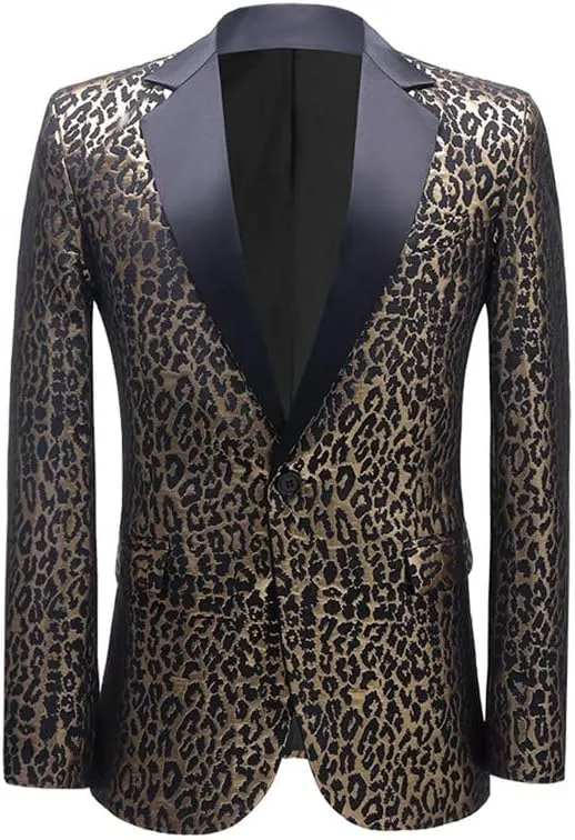 Men's Blazers Leopard Print Notched Lapel Suits Slim Fit Sequins Tuxedo Stylish Sport Coats Jackets