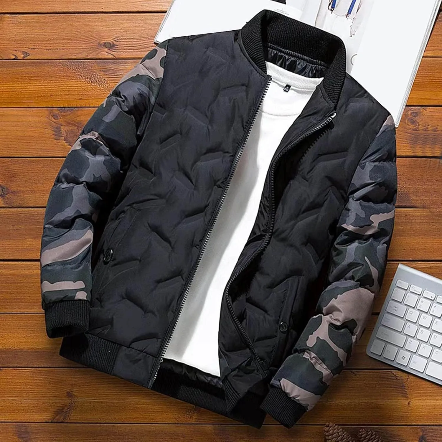 Mens Bomber Jackets Casual Stylish Camouflage Full Zip Up Quilted Winter Jacket Cotton Padded Windproof Warm Windproof Coats