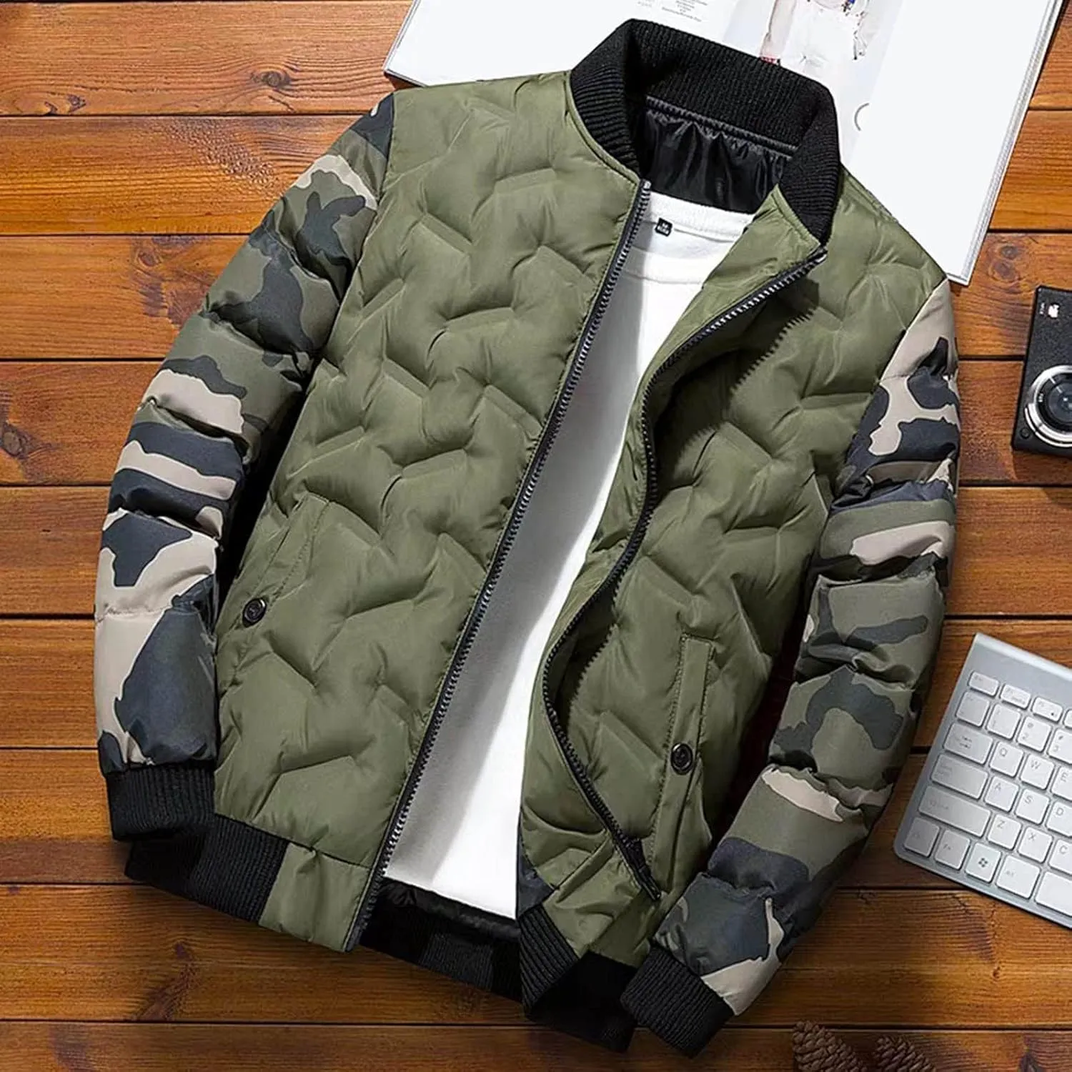 Mens Bomber Jackets Casual Stylish Camouflage Full Zip Up Quilted Winter Jacket Cotton Padded Windproof Warm Windproof Coats