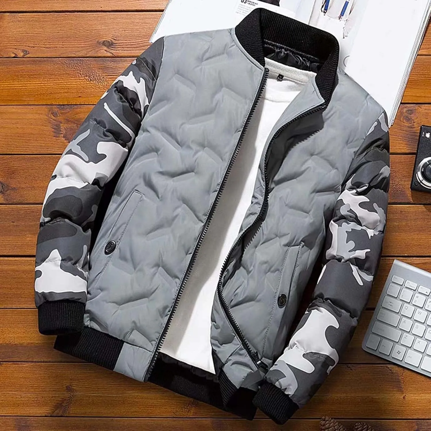 Mens Bomber Jackets Casual Stylish Camouflage Full Zip Up Quilted Winter Jacket Cotton Padded Windproof Warm Windproof Coats