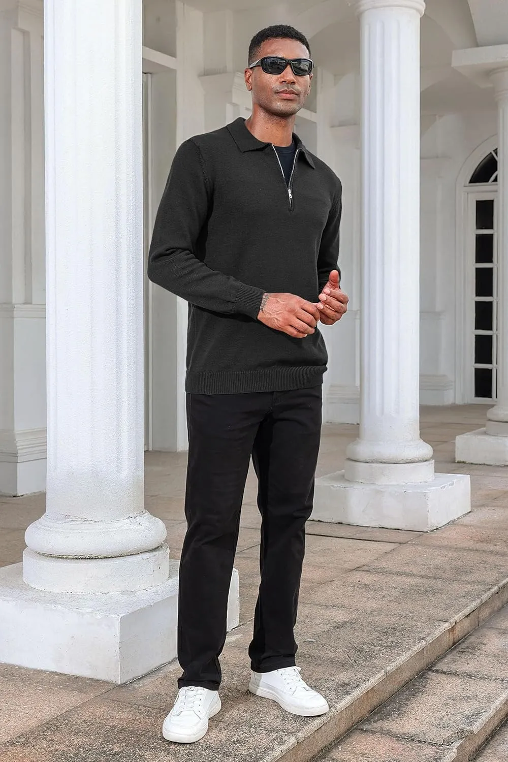 Men's Casual Knit Polo Sweater Classic Long Sleeve Thermal Basic Zip Collar Shirts