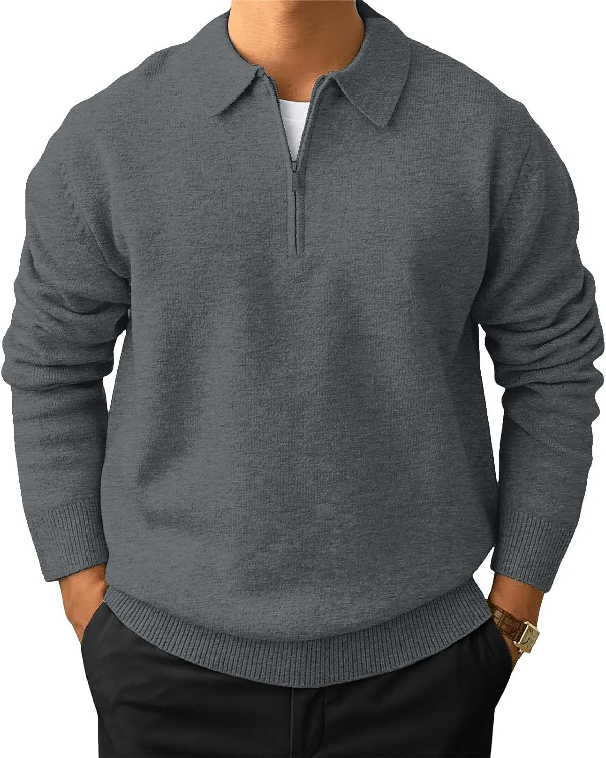 Men's Casual Knit Polo Sweater Classic Long Sleeve Thermal Basic Zip Collar Shirts