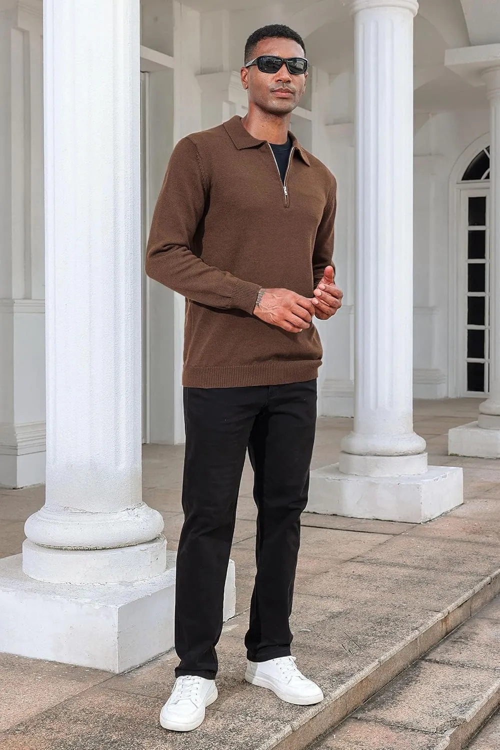 Men's Casual Knit Polo Sweater Classic Long Sleeve Thermal Basic Zip Collar Shirts