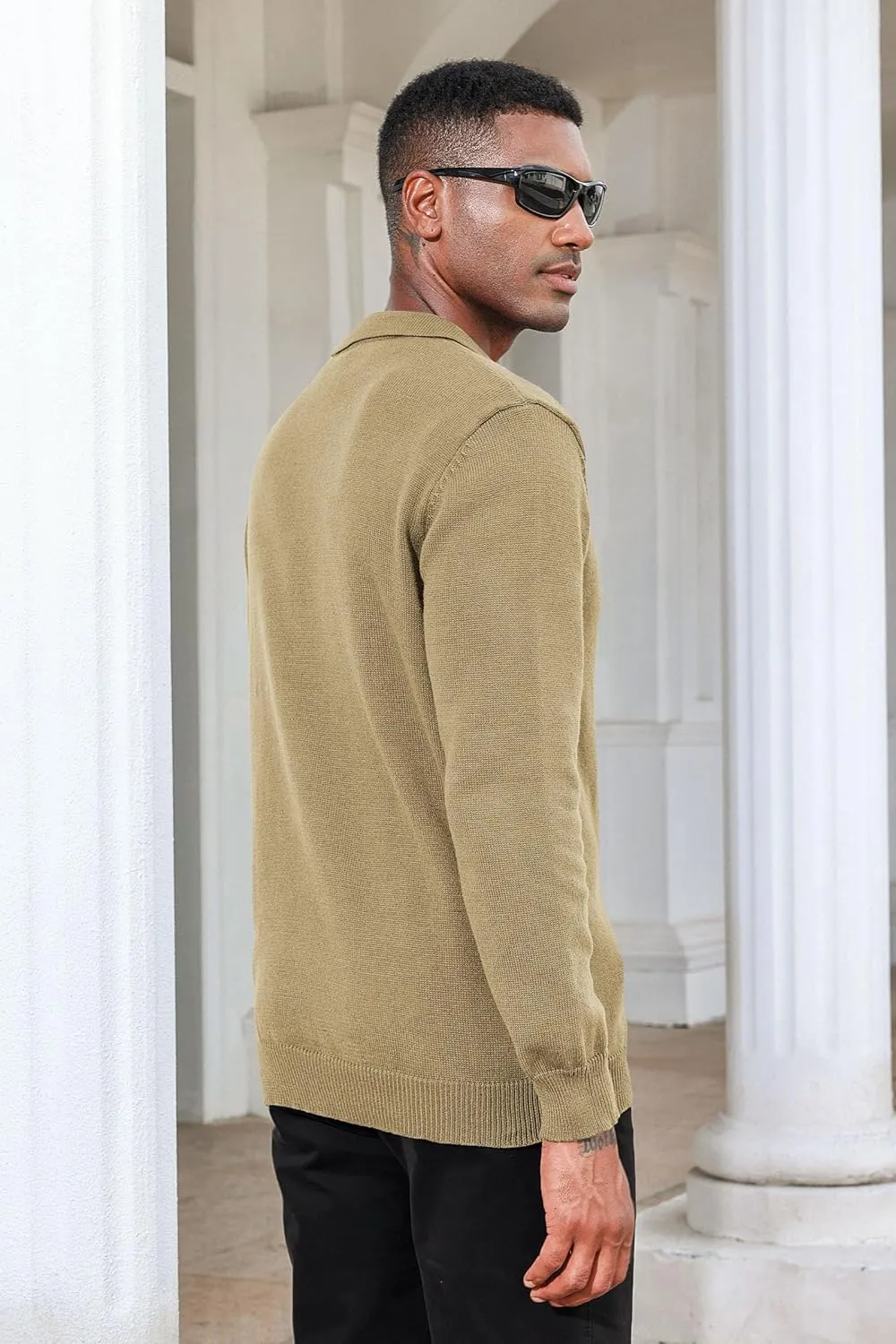 Men's Casual Knit Polo Sweater Classic Long Sleeve Thermal Basic Zip Collar Shirts
