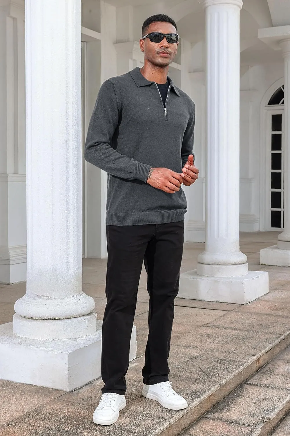 Men's Casual Knit Polo Sweater Classic Long Sleeve Thermal Basic Zip Collar Shirts