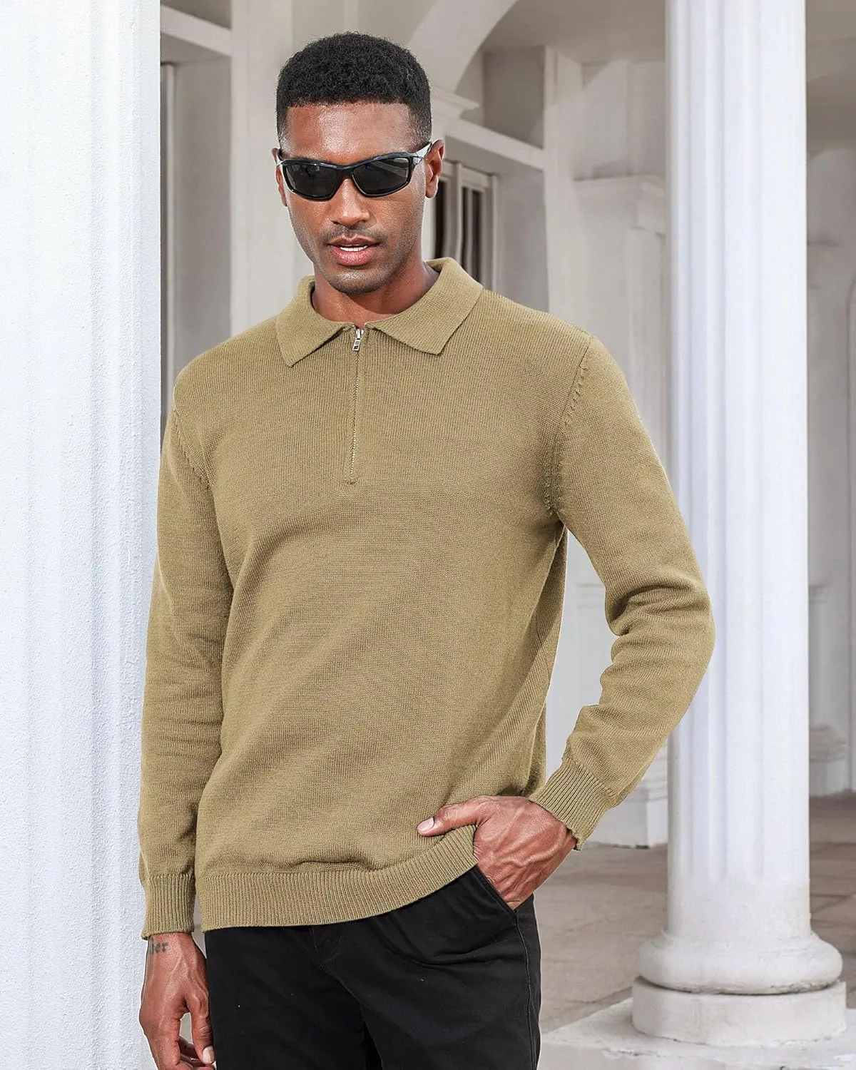 Men's Casual Knit Polo Sweater Classic Long Sleeve Thermal Basic Zip Collar Shirts