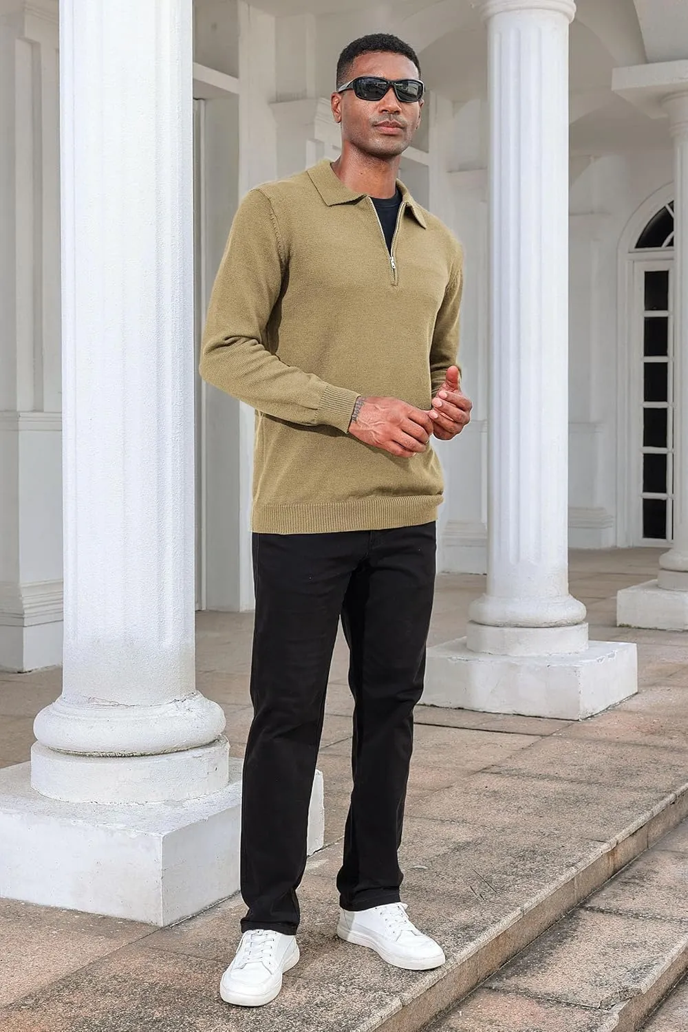 Men's Casual Knit Polo Sweater Classic Long Sleeve Thermal Basic Zip Collar Shirts