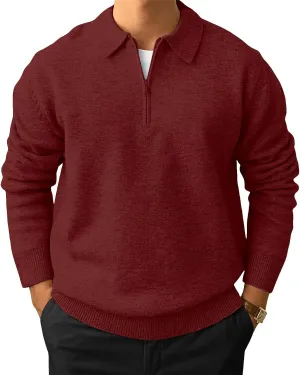 Men's Casual Knit Polo Sweater Classic Long Sleeve Thermal Basic Zip Collar Shirts