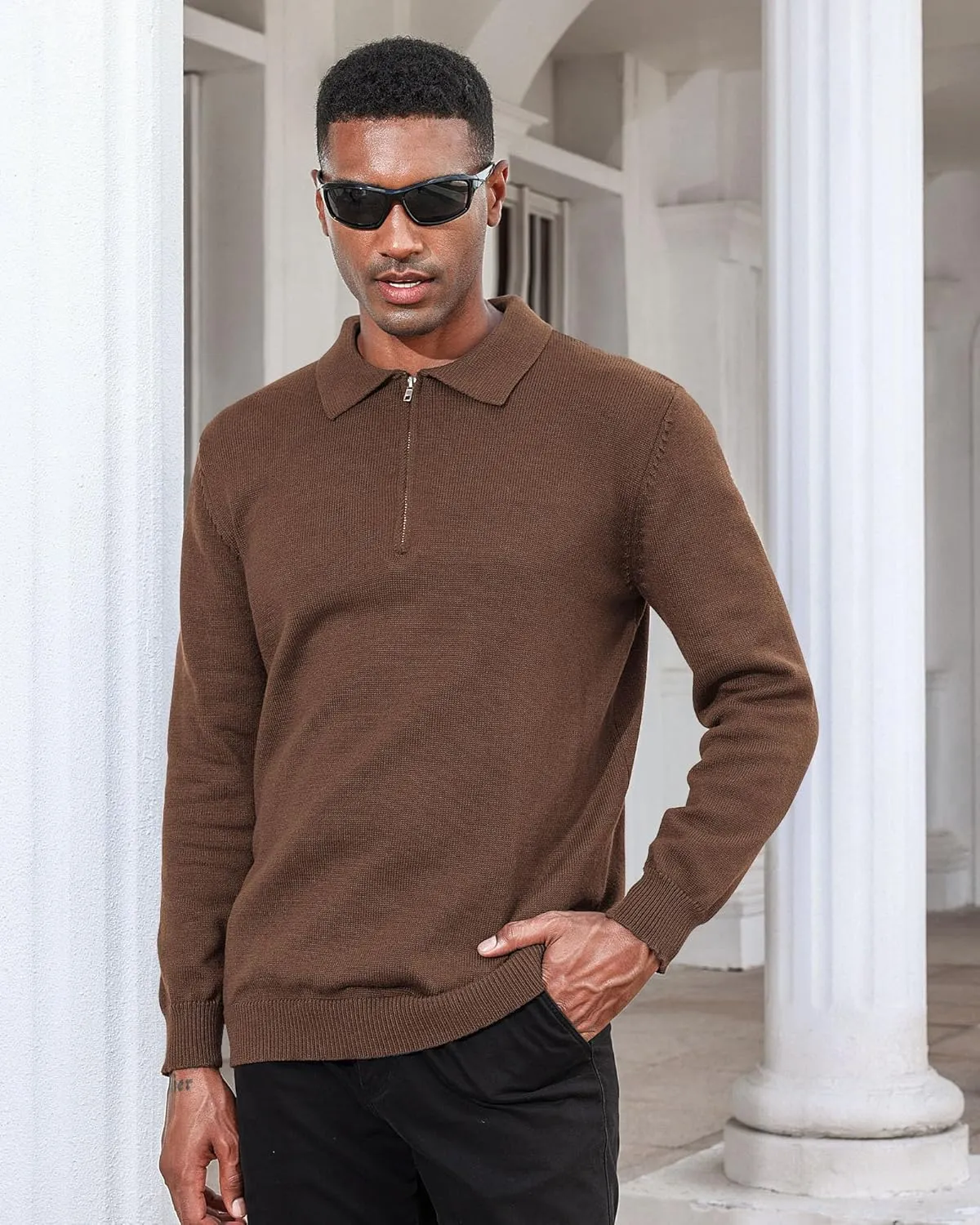 Men's Casual Knit Polo Sweater Classic Long Sleeve Thermal Basic Zip Collar Shirts
