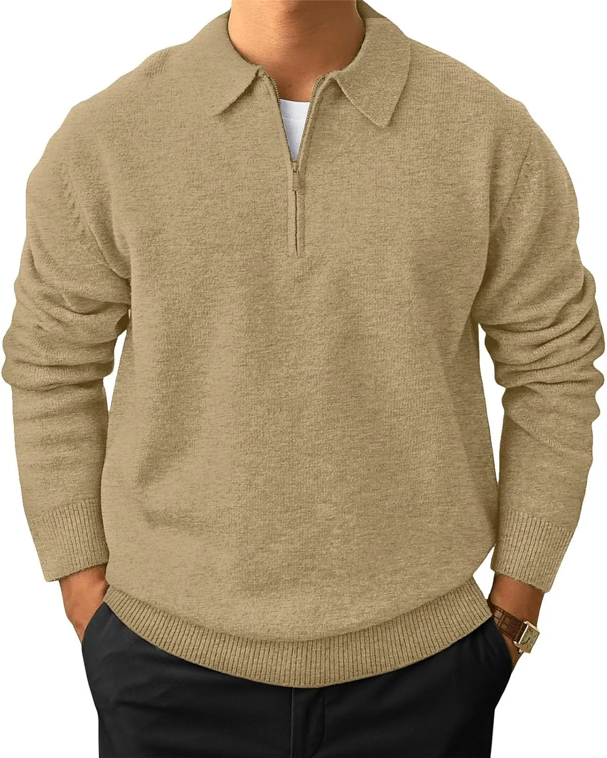 Men's Casual Knit Polo Sweater Classic Long Sleeve Thermal Basic Zip Collar Shirts