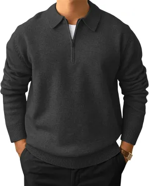 Men's Casual Knit Polo Sweater Classic Long Sleeve Thermal Basic Zip Collar Shirts