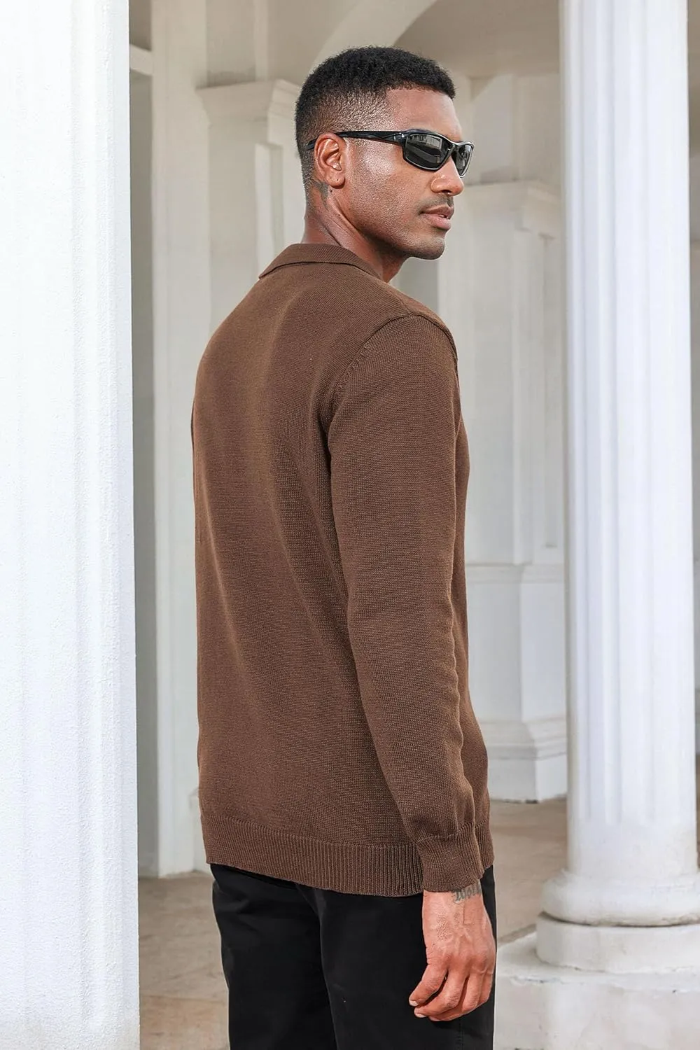 Men's Casual Knit Polo Sweater Classic Long Sleeve Thermal Basic Zip Collar Shirts