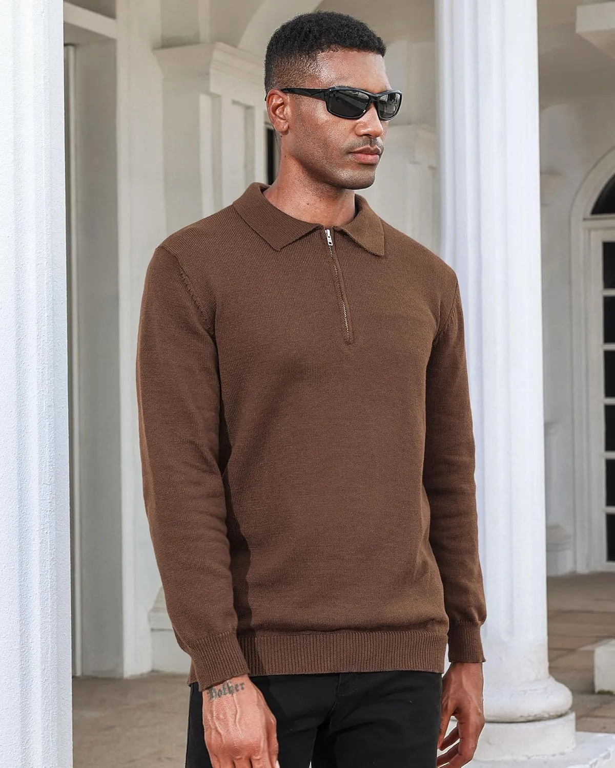 Men's Casual Knit Polo Sweater Classic Long Sleeve Thermal Basic Zip Collar Shirts