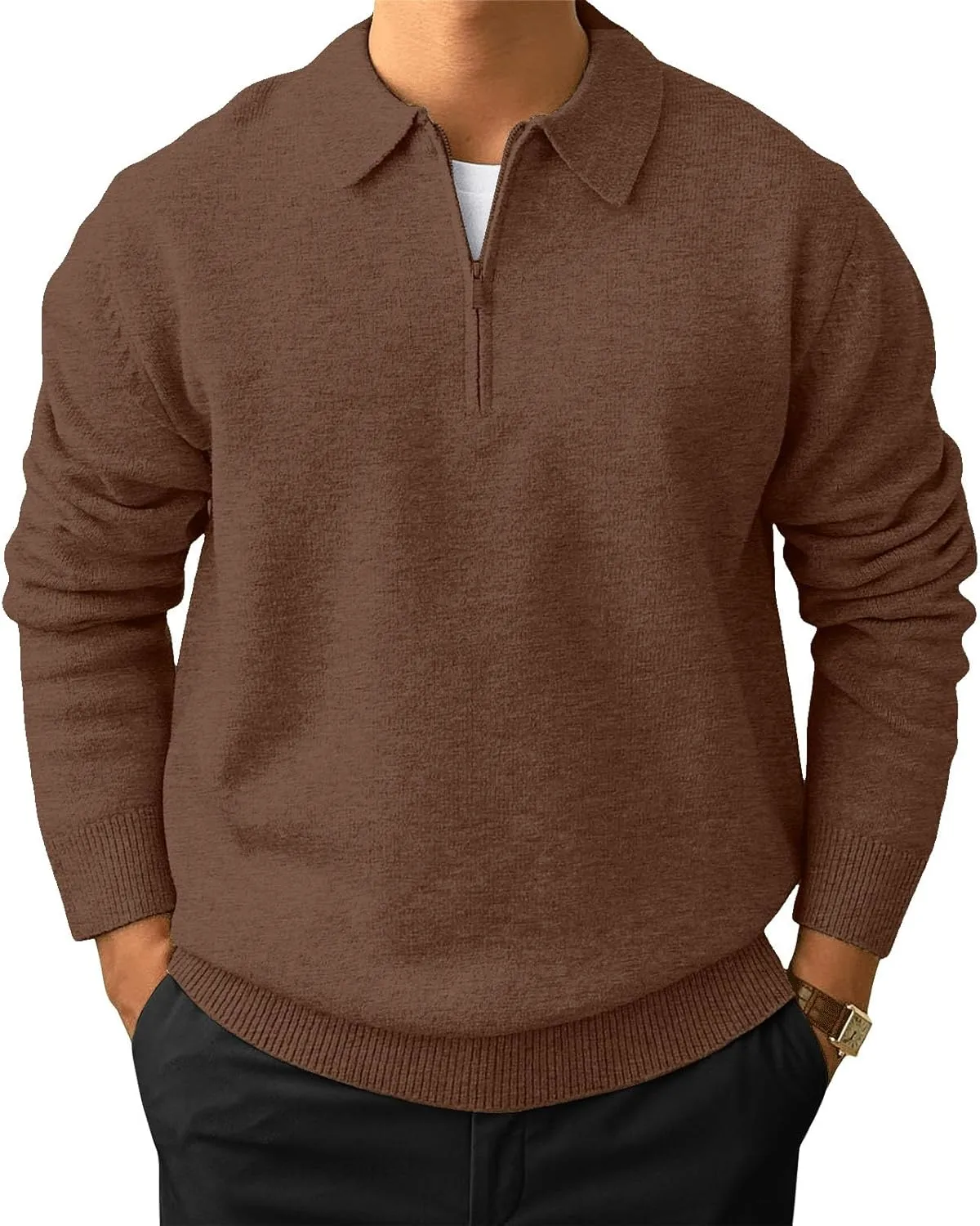 Men's Casual Knit Polo Sweater Classic Long Sleeve Thermal Basic Zip Collar Shirts