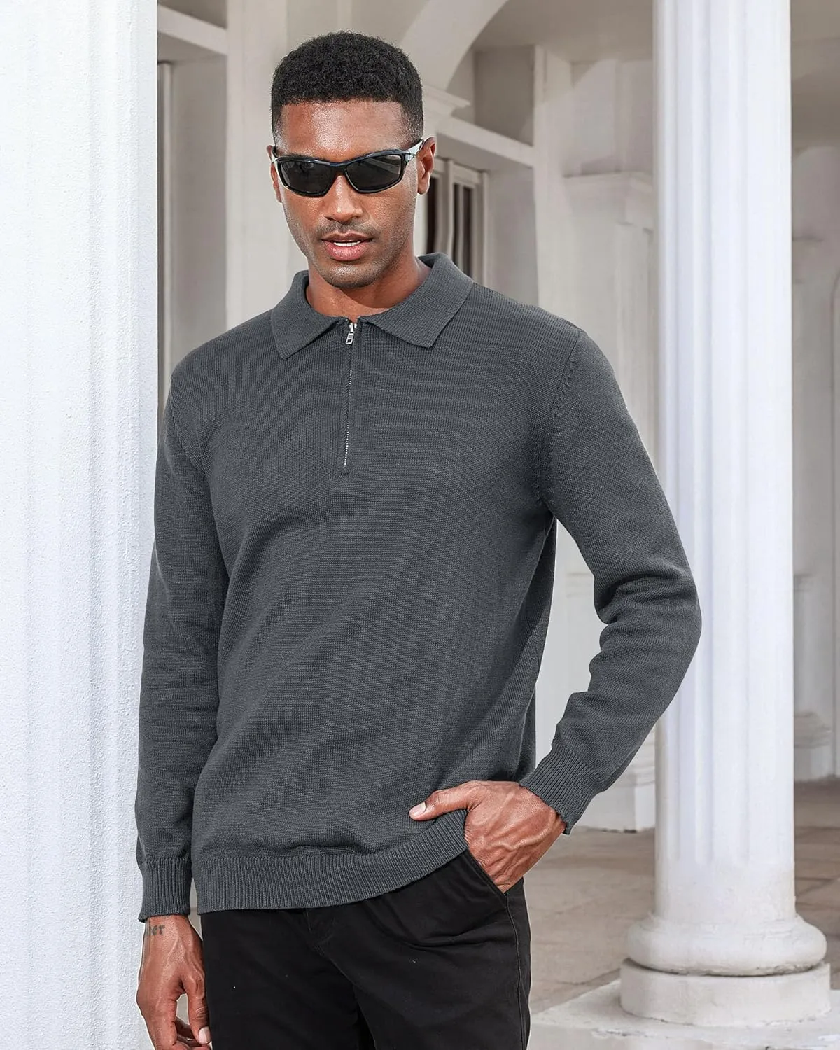 Men's Casual Knit Polo Sweater Classic Long Sleeve Thermal Basic Zip Collar Shirts