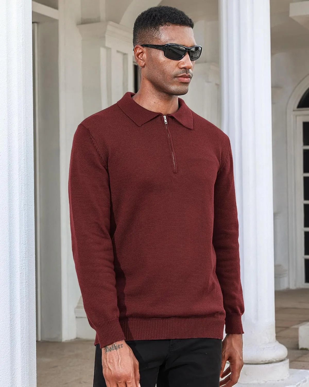 Men's Casual Knit Polo Sweater Classic Long Sleeve Thermal Basic Zip Collar Shirts