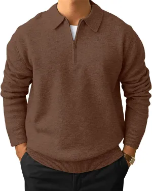 Men's Casual Knit Polo Sweater Classic Long Sleeve Thermal Basic Zip Collar Shirts