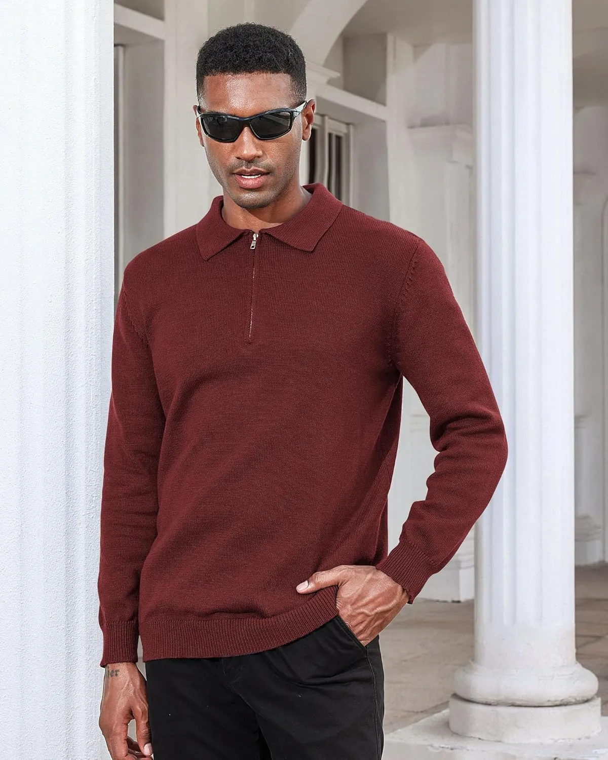Men's Casual Knit Polo Sweater Classic Long Sleeve Thermal Basic Zip Collar Shirts