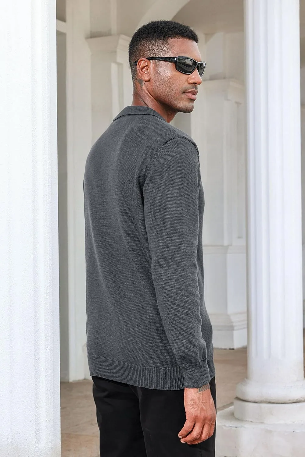 Men's Casual Knit Polo Sweater Classic Long Sleeve Thermal Basic Zip Collar Shirts