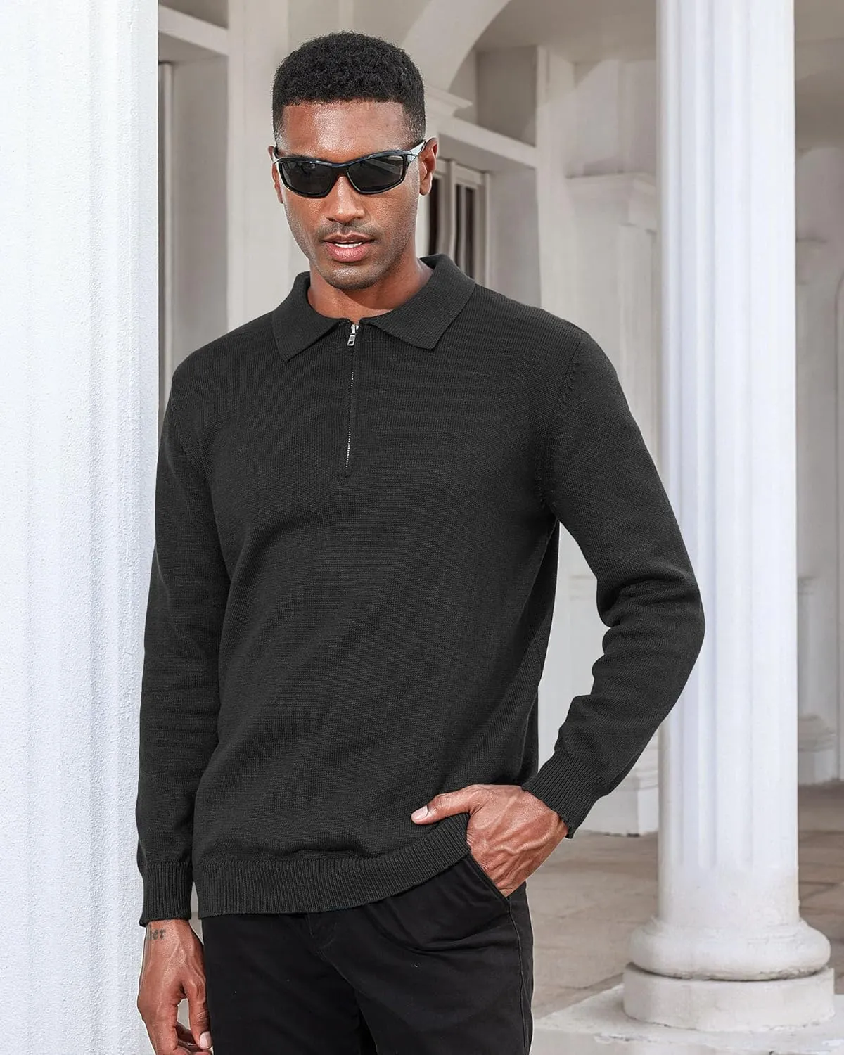 Men's Casual Knit Polo Sweater Classic Long Sleeve Thermal Basic Zip Collar Shirts
