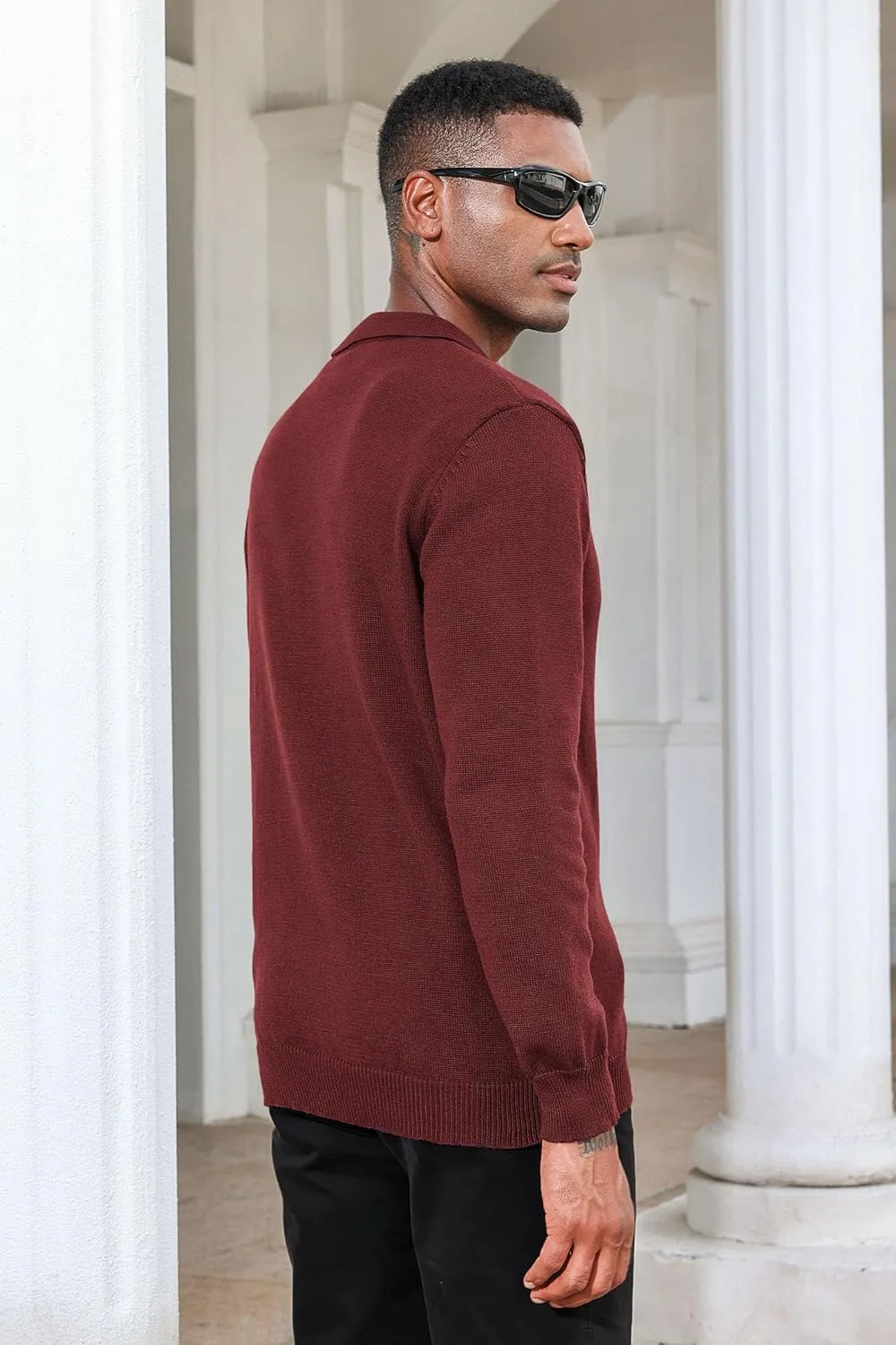 Men's Casual Knit Polo Sweater Classic Long Sleeve Thermal Basic Zip Collar Shirts
