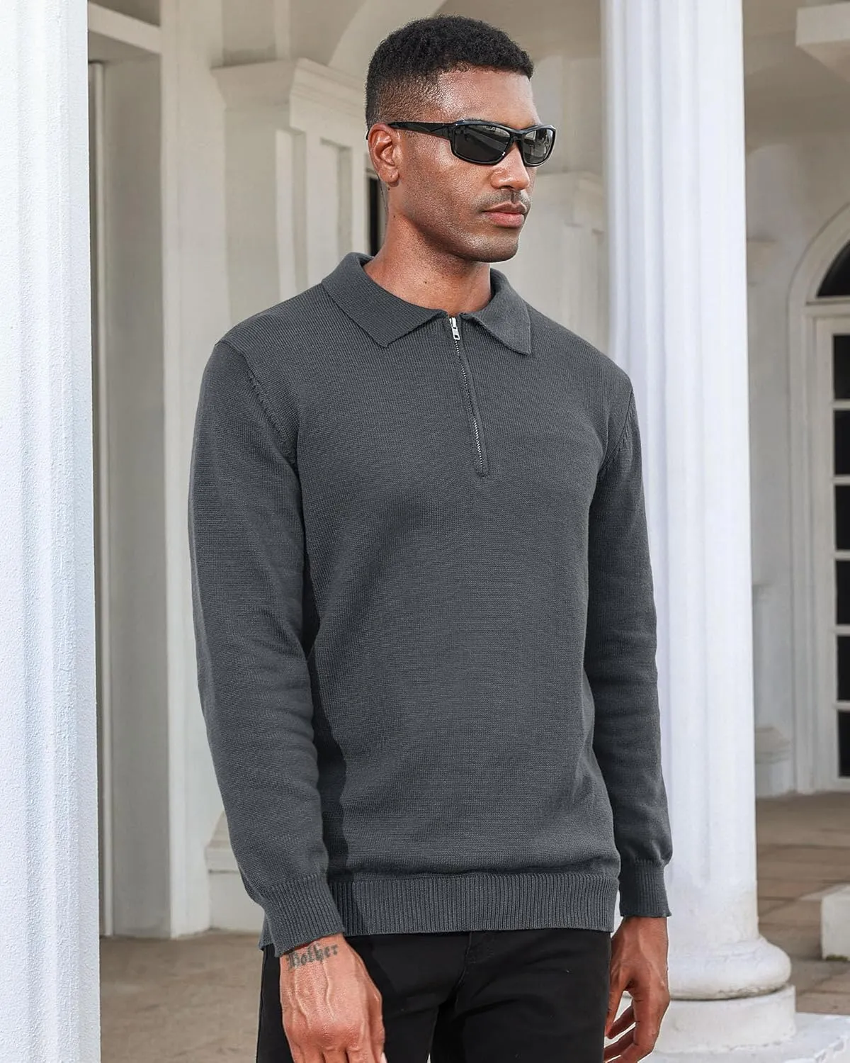 Men's Casual Knit Polo Sweater Classic Long Sleeve Thermal Basic Zip Collar Shirts