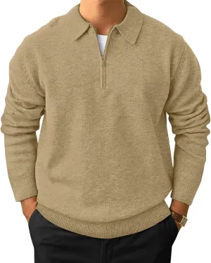 Men's Casual Knit Polo Sweater Classic Long Sleeve Thermal Basic Zip Collar Shirts