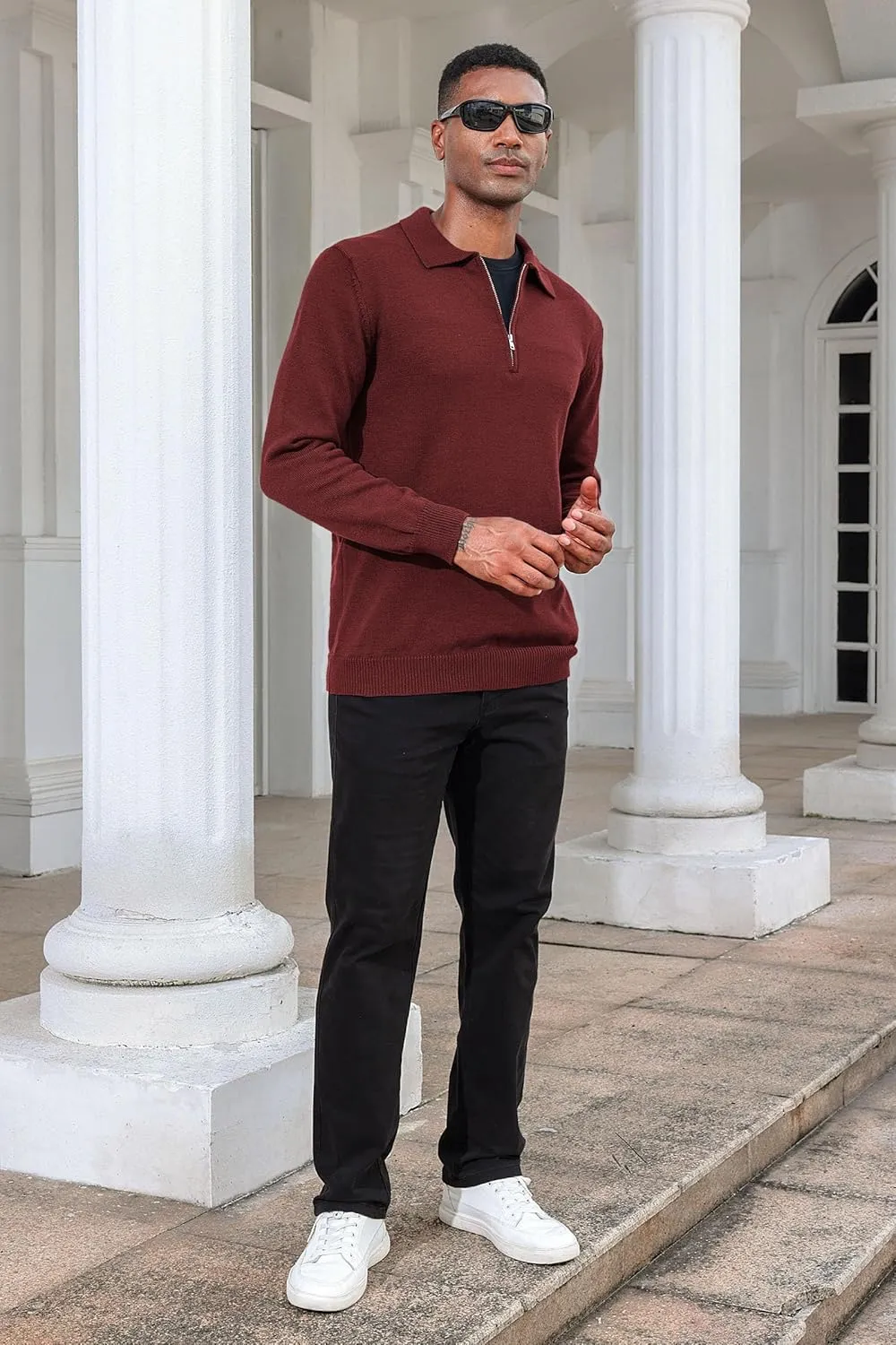 Men's Casual Knit Polo Sweater Classic Long Sleeve Thermal Basic Zip Collar Shirts