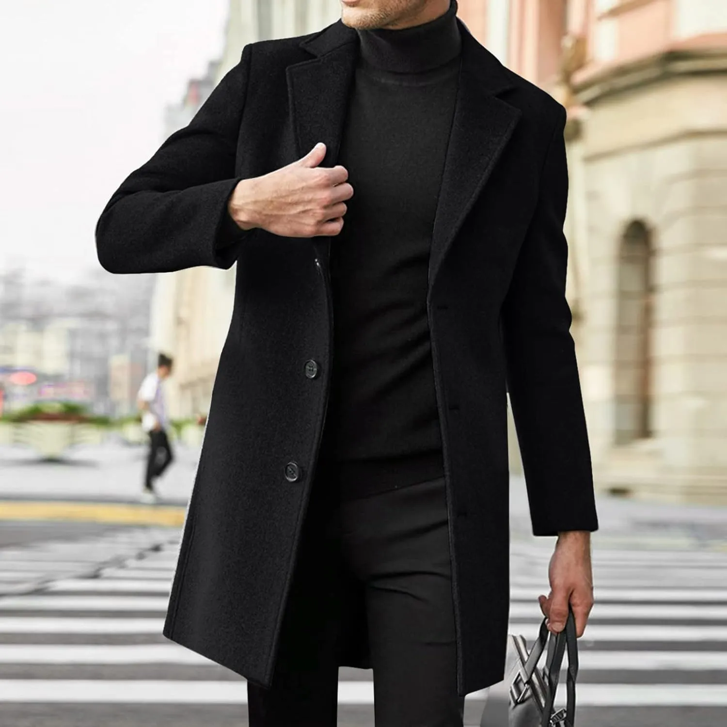 Men's Classic Wool Blend Pea Coat Double Breasted Stand Collar Fashion Trench Coat Oversize Winter Overcoat Peacoat