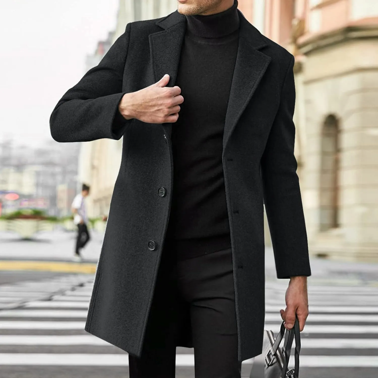 Men's Classic Wool Blend Pea Coat Double Breasted Stand Collar Fashion Trench Coat Oversize Winter Overcoat Peacoat