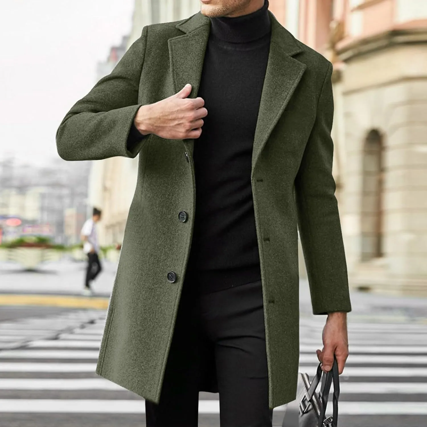 Men's Classic Wool Blend Pea Coat Double Breasted Stand Collar Fashion Trench Coat Oversize Winter Overcoat Peacoat
