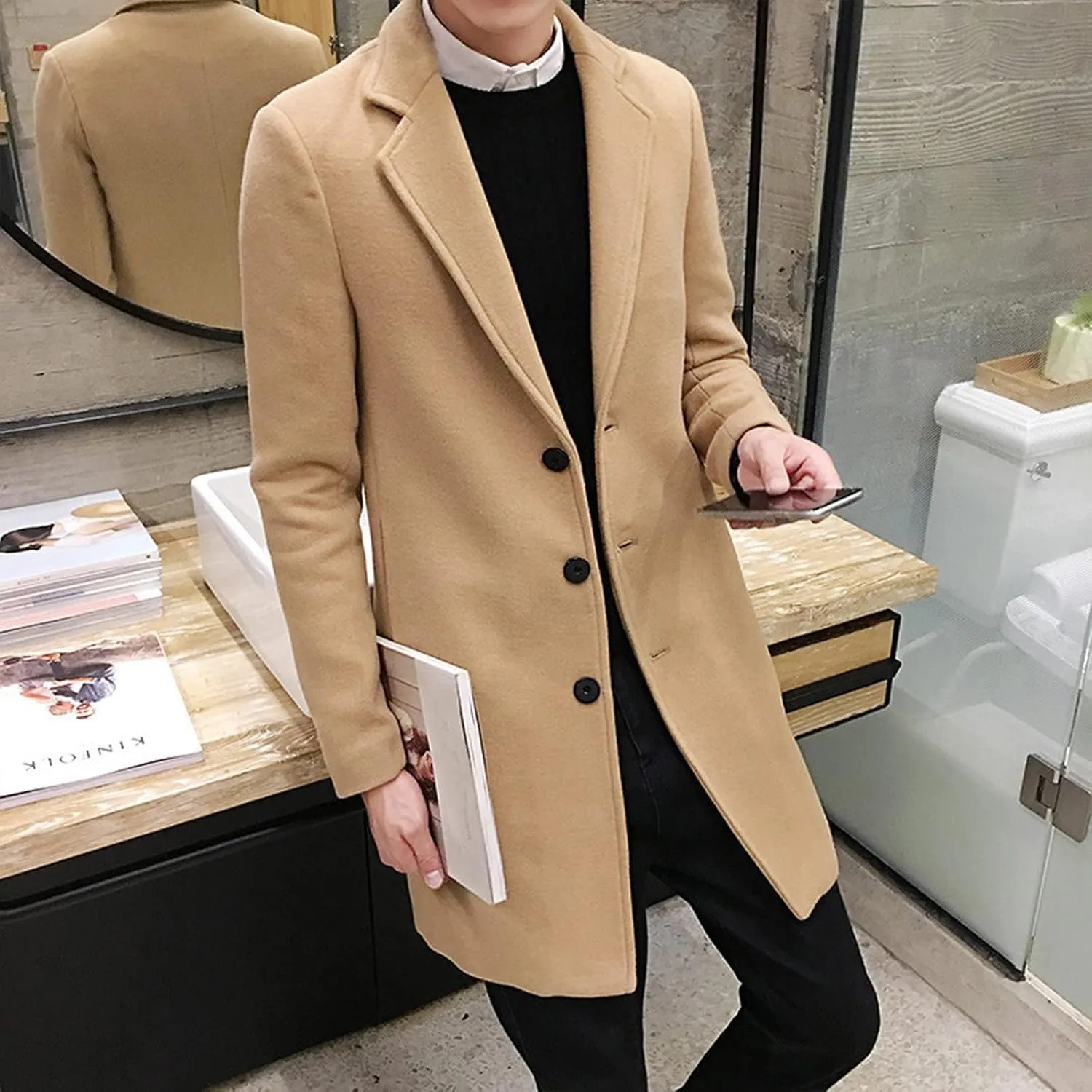 Men's Classic Wool Blend Pea Coat Double Breasted Stand Collar Fashion Trench Coat Oversize Winter Overcoat Peacoat