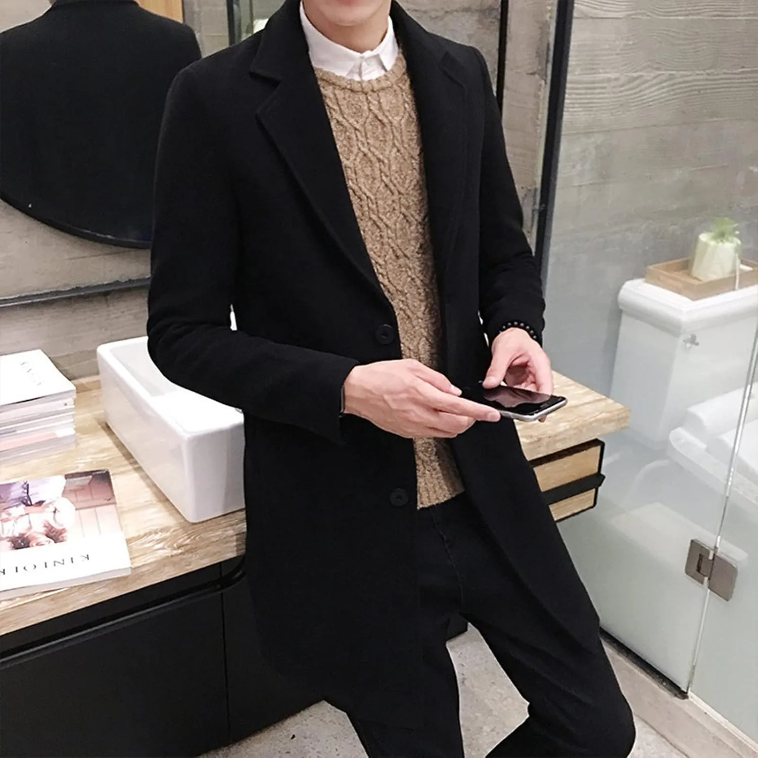 Men's Classic Wool Blend Pea Coat Double Breasted Stand Collar Fashion Trench Coat Oversize Winter Overcoat Peacoat