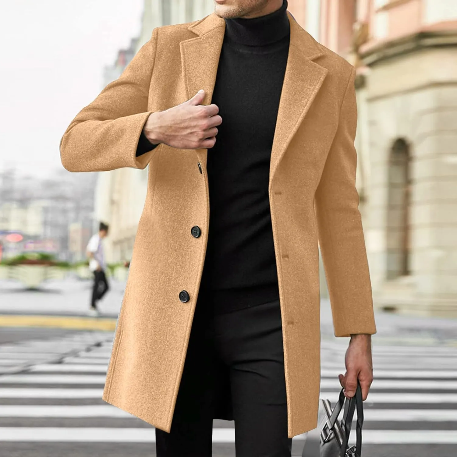 Men's Classic Wool Blend Pea Coat Double Breasted Stand Collar Fashion Trench Coat Oversize Winter Overcoat Peacoat