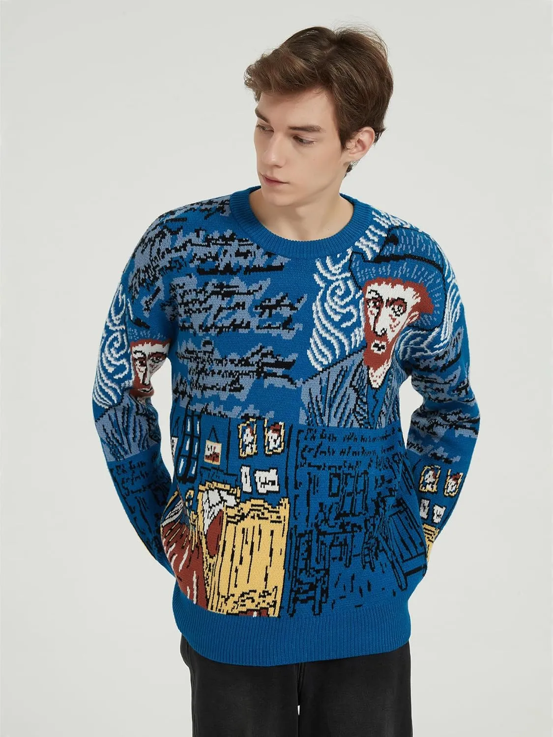 Mens Crewneck Sweaters Graphic Comfortable Casual Knit Fall Winter Sweater Oversized Pullovers