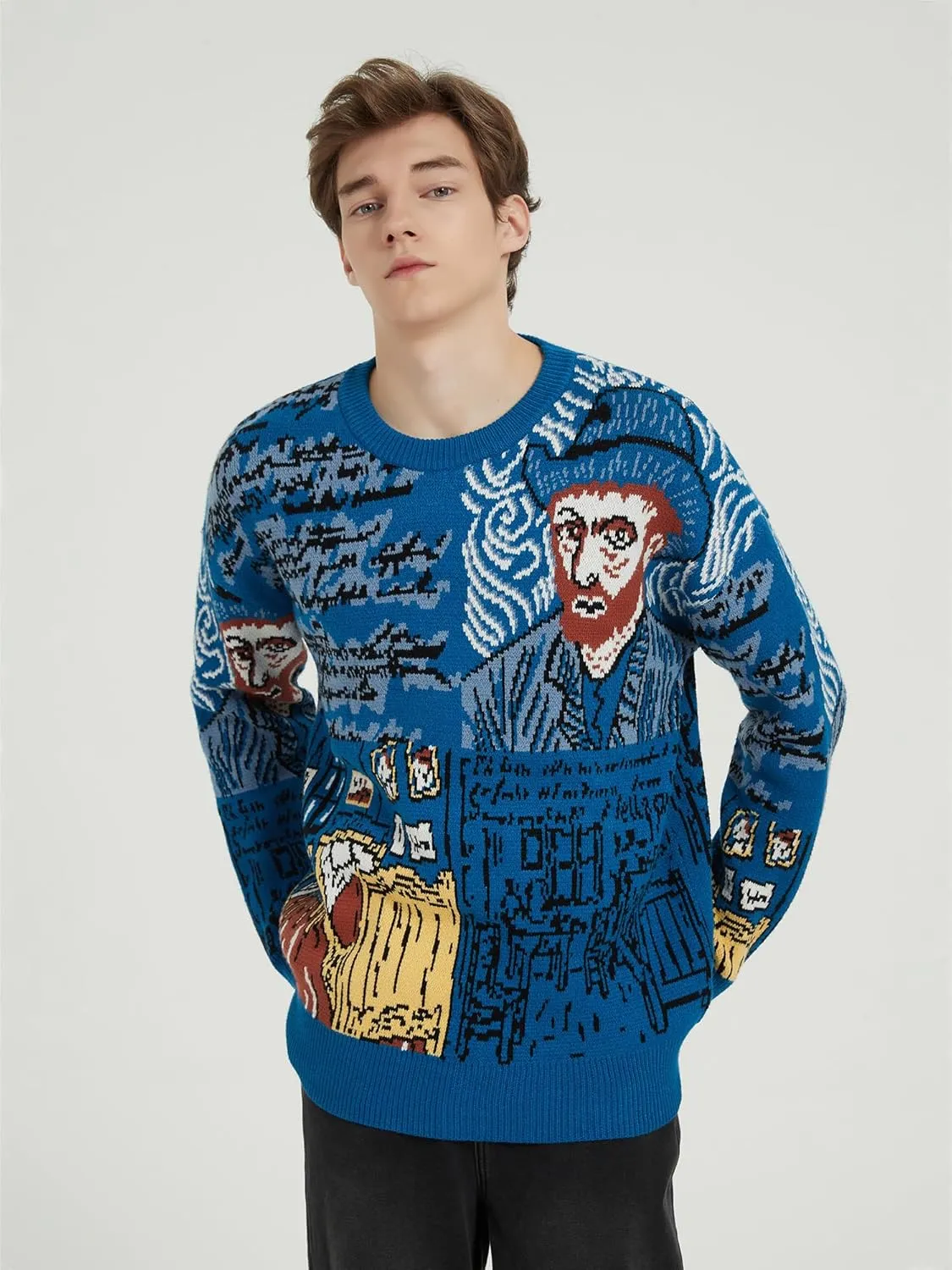 Mens Crewneck Sweaters Graphic Comfortable Casual Knit Fall Winter Sweater Oversized Pullovers