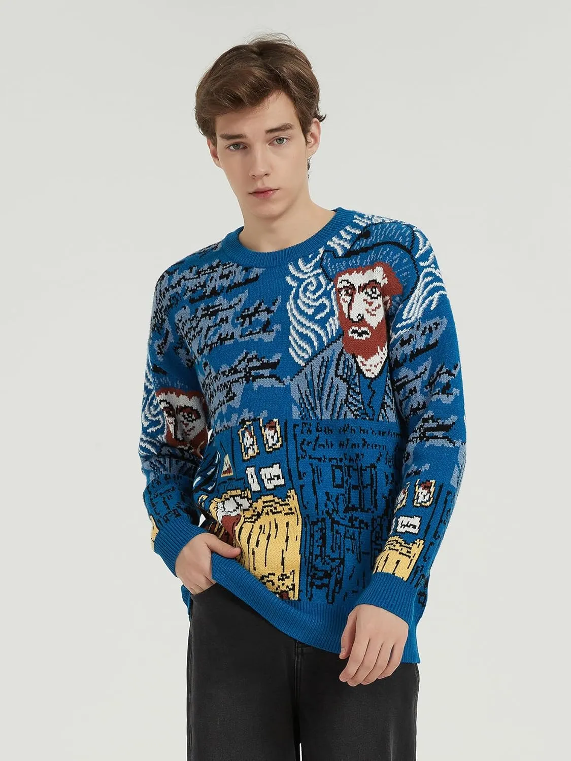 Mens Crewneck Sweaters Graphic Comfortable Casual Knit Fall Winter Sweater Oversized Pullovers