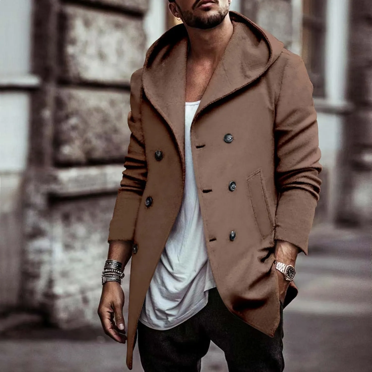 Men's Double Breasted Pea Coat Winter Classic Fit Hooded Trench Coat Fall Fashion 2023 Mid-Length Business Overcoat Jacket