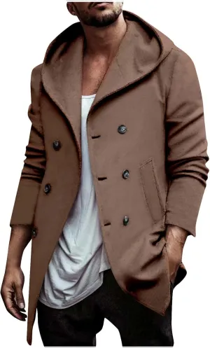 Men's Double Breasted Pea Coat Winter Classic Fit Hooded Trench Coat Fall Fashion 2023 Mid-Length Business Overcoat Jacket