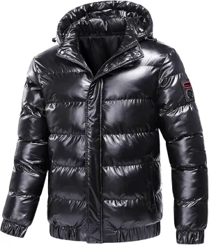 Men's Faux Fur Trimmed Puffer Coat Reflective Shiny Hood Plus Size Bomber Alternative Down Jacket for Stylish Comfort