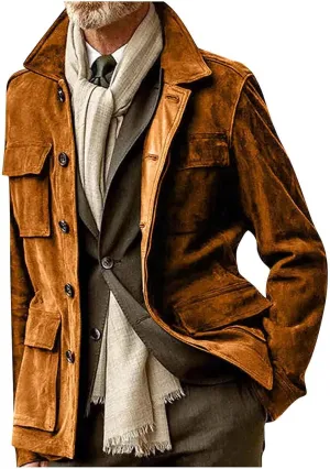 Mens Faux Suede Leather Jacket Single Breasted Button Down Solid Lapel Neck Outerwear Coat with Pocket for Wedding Prom
