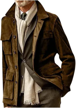 Mens Faux Suede Leather Jacket Single Breasted Button Down Solid Lapel Neck Outerwear Coat with Pocket for Wedding Prom