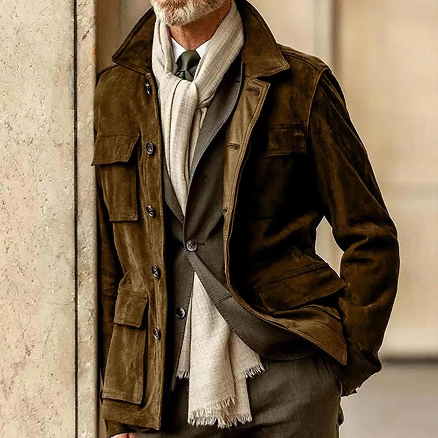 Mens Faux Suede Leather Jacket Single Breasted Button Down Solid Lapel Neck Outerwear Coat with Pocket for Wedding Prom
