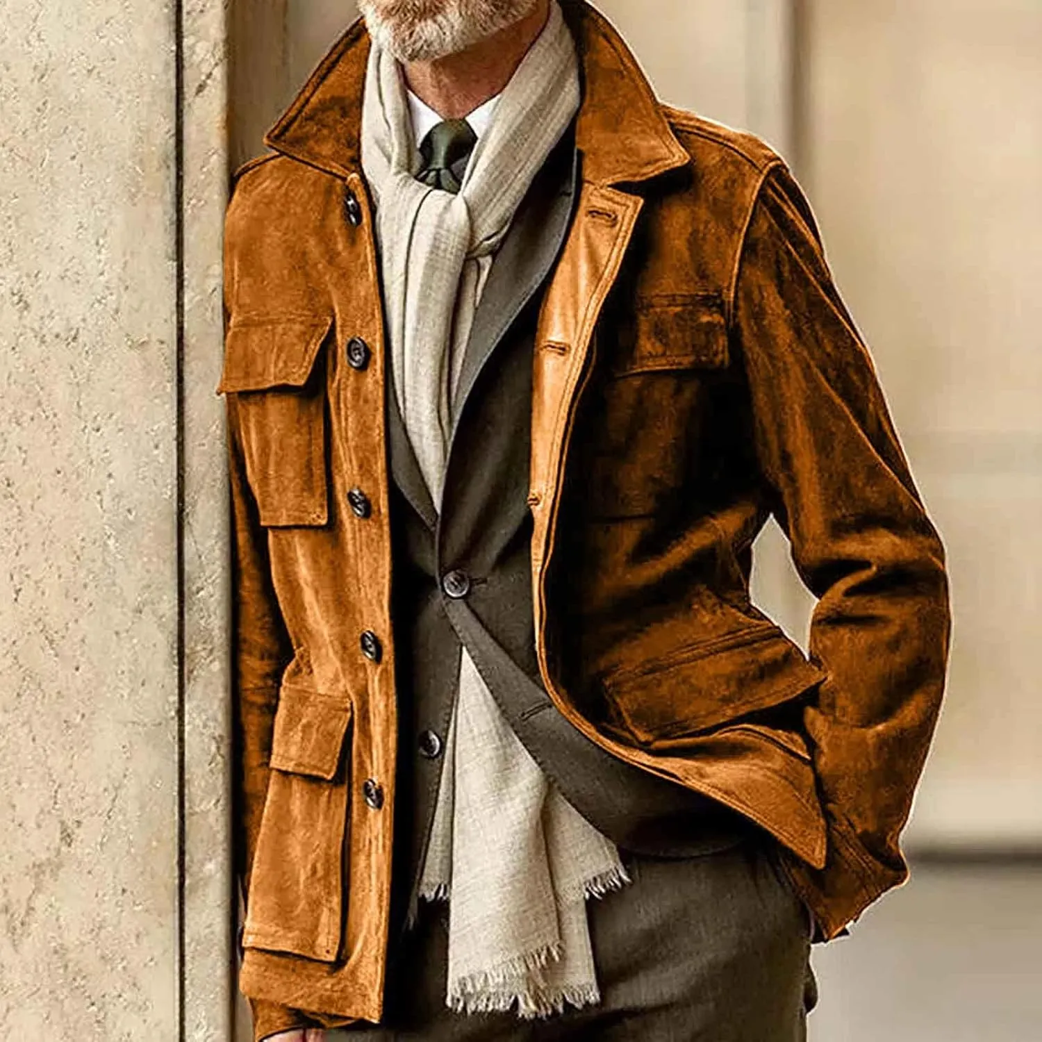 Mens Faux Suede Leather Jacket Single Breasted Button Down Solid Lapel Neck Outerwear Coat with Pocket for Wedding Prom